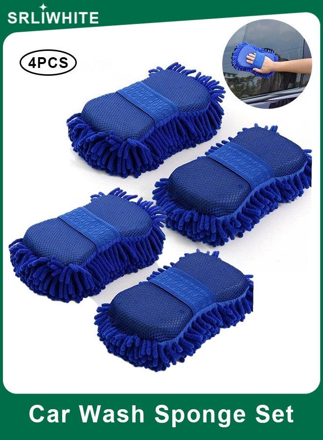 SRLIWHITE 4PCS Microfiber Car Wash Sponge Set, Double-Sided Chenille Car Wash Mitts with Hand Strap, Scratch-Free and Lint-Free Absorbent Auto Cleaning Sponges, Royal Blue - Image 1